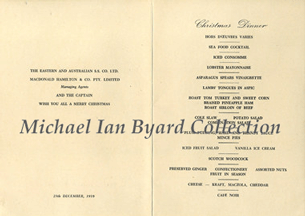 Christmas Dinner Menu of S.S. Nellore 1959